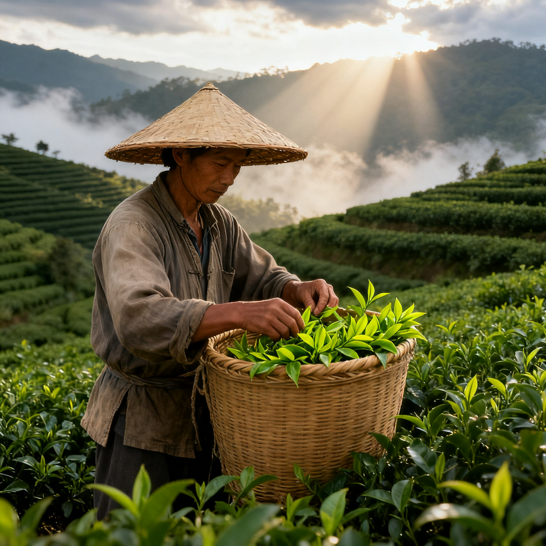 A tea picker harvesting fresh tea leaves from a lush tea plantation with the morning sunlight streaming through the mist in the background.