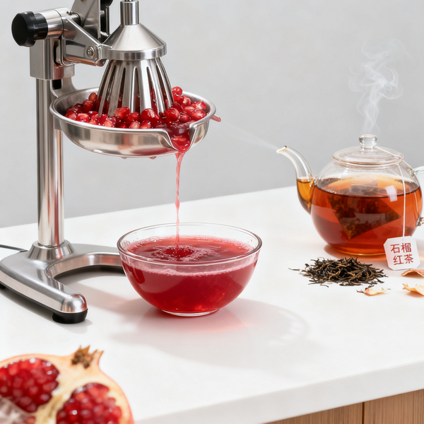 Fresh pomegranate juice being squeezed with a stainless steel press, next to a glass teapot of black tea and loose tea leaves