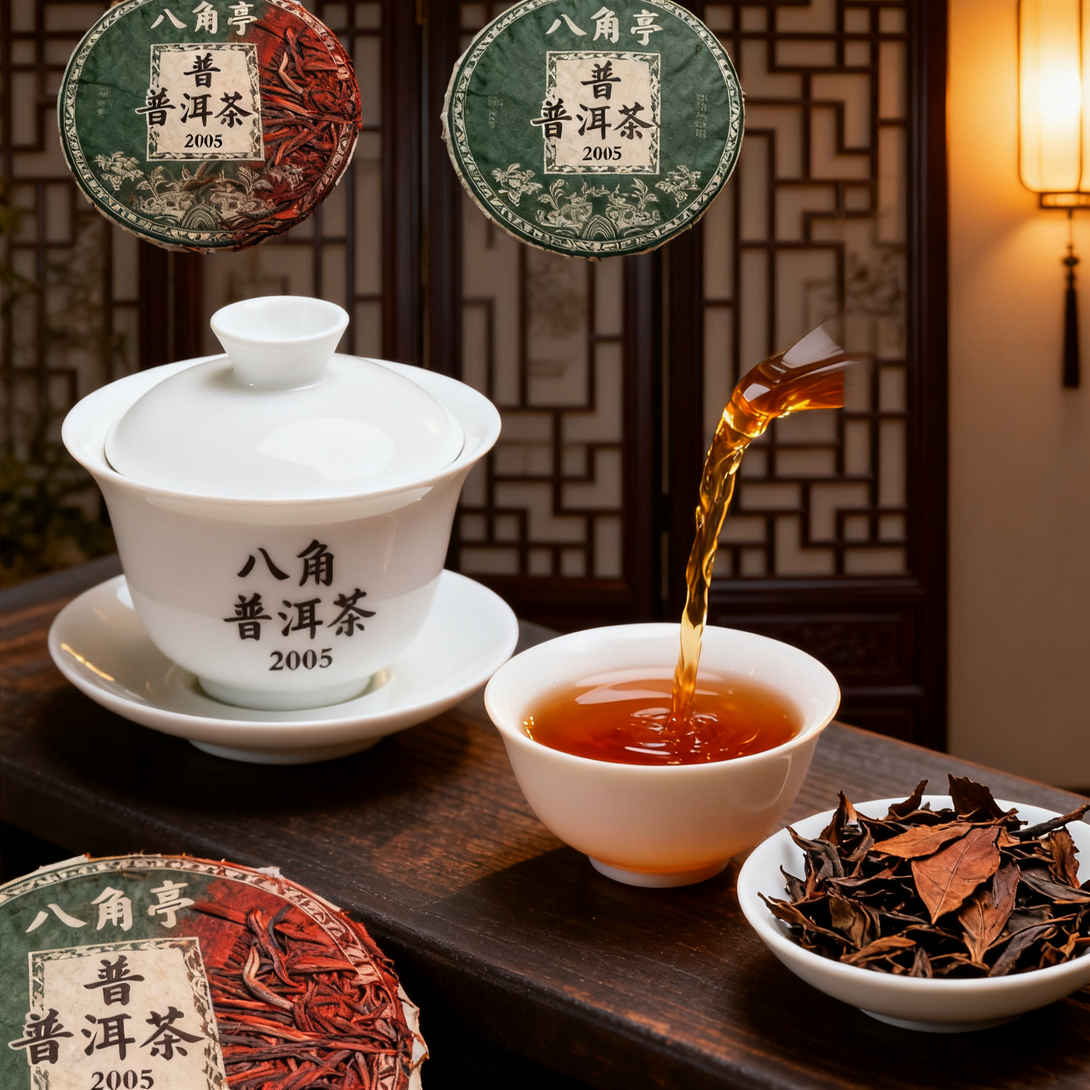 Pu-erh tea set with Bajiao Ting tea cakes, gaiwan, teacup with poured tea, and loose leaves, traditional Chinese background