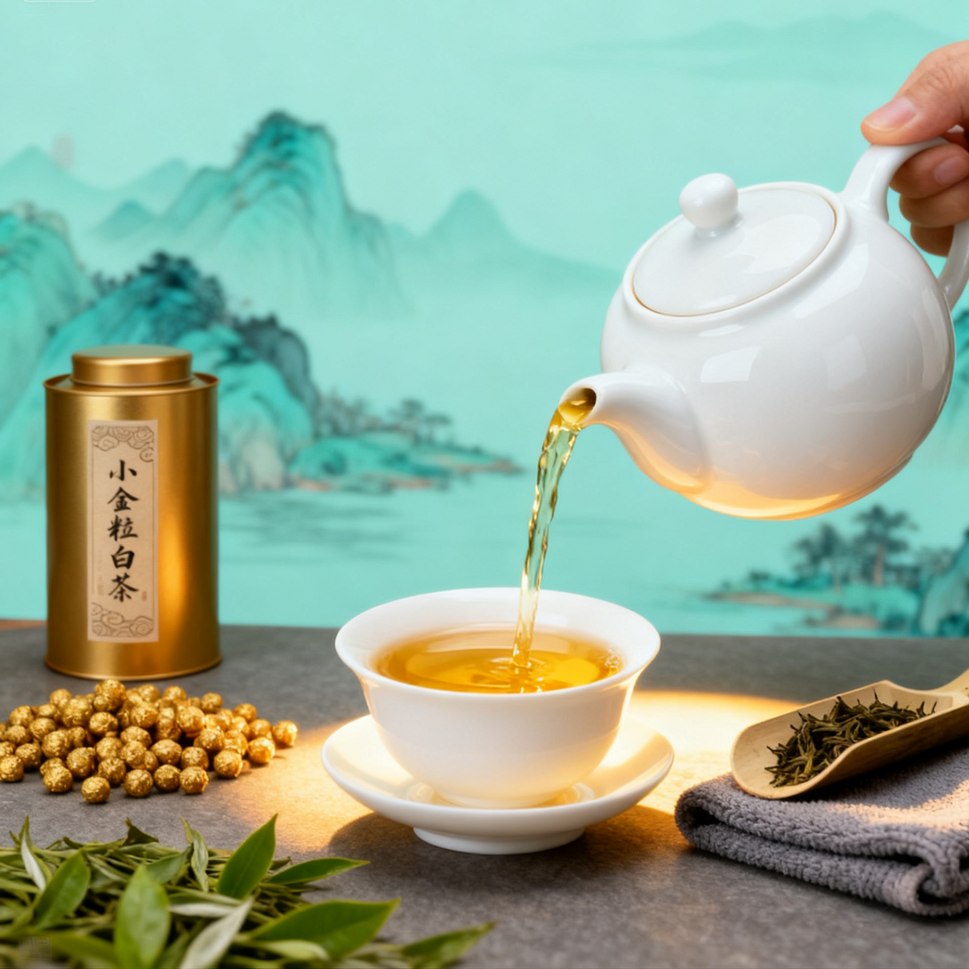 Hand pouring golden tea from a white teapot into a cup, with tea leaves, golden canister, and mountain painting in the background.