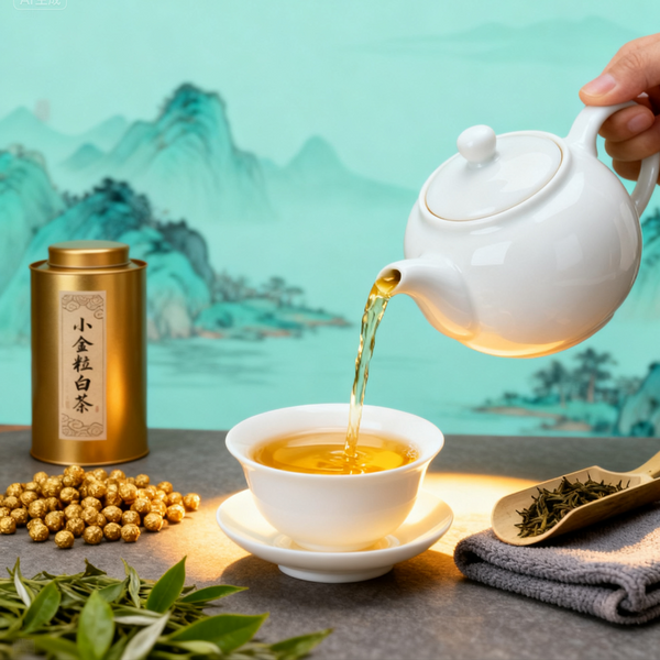 White teapot pouring golden tea into cup with tea leaves, golden canister, and mountain painting background.