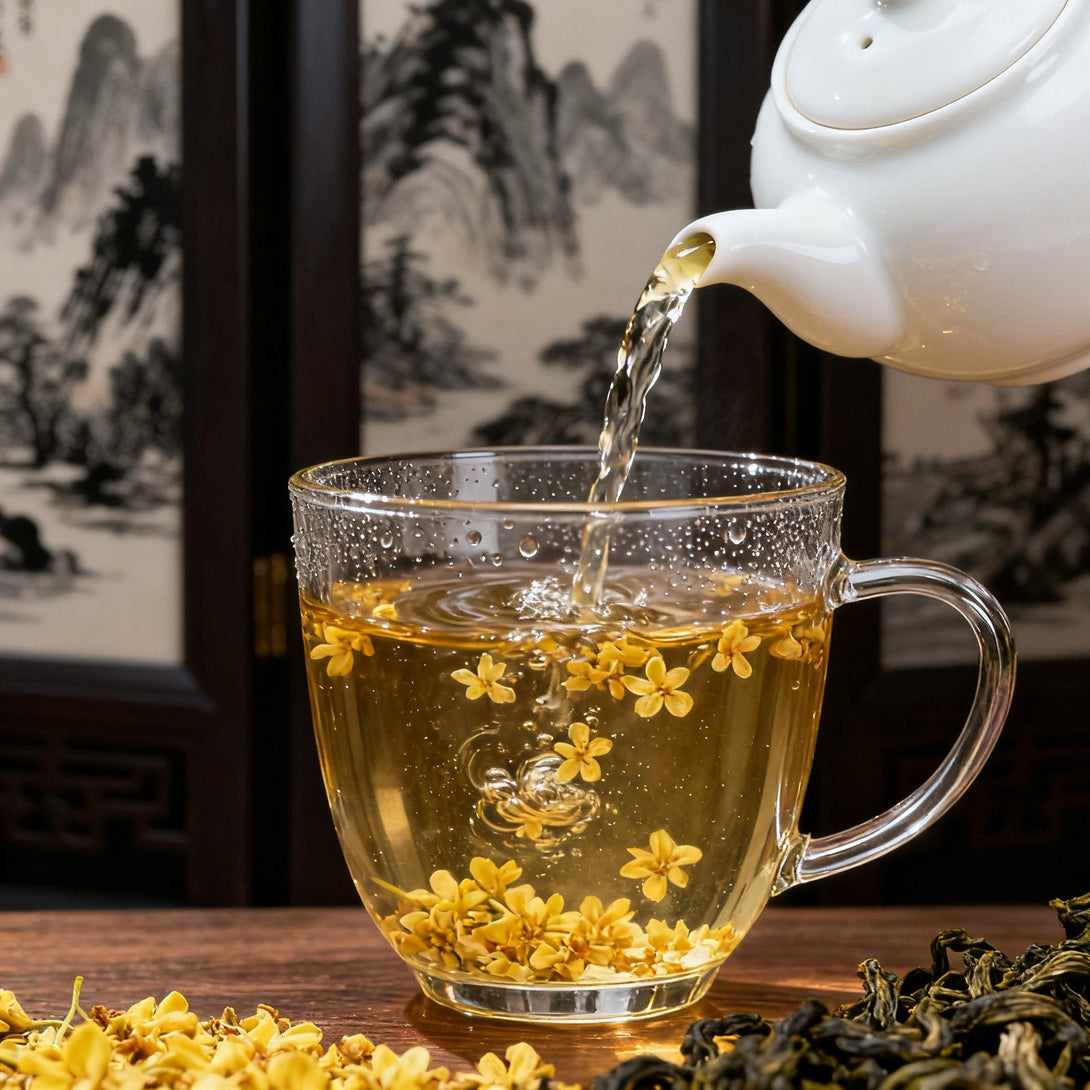 Traditional Chinese osmanthus flower tea being brewed, hot water poured from a white teapot into a clear glass cup, yellow blossoms floating, wooden table and Chinese painting background