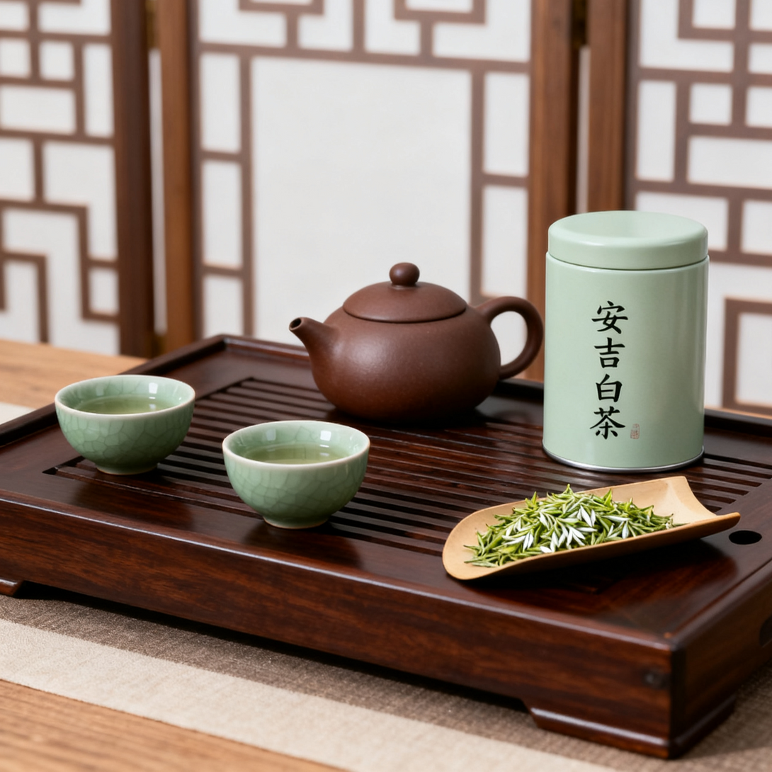 Green tea set with teapot, cups, and tea leaves on a wooden tray with decorative background, perfect for traditional tea ceremony.