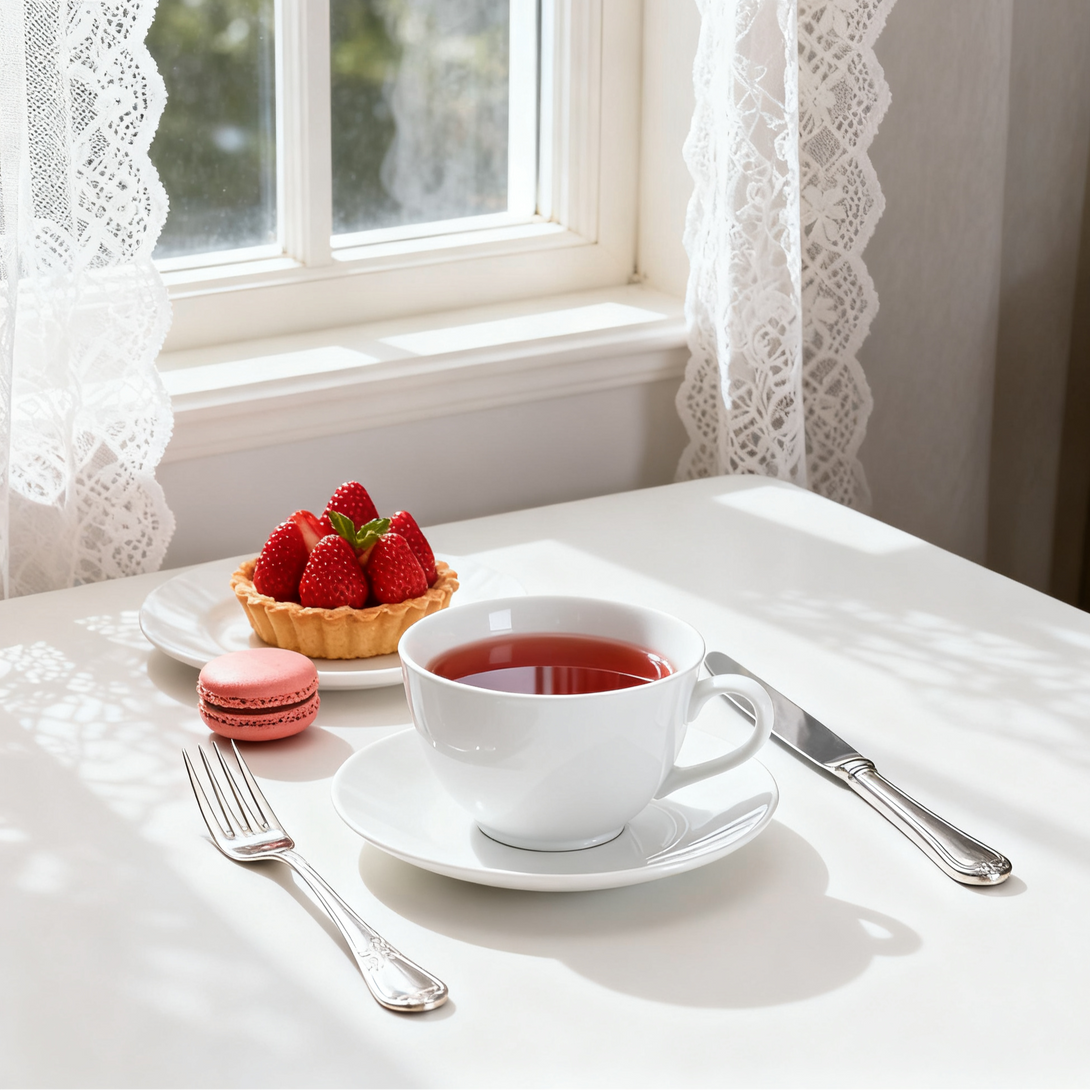 Afternoon tea with a cup of tea, macarons, a fruit tart with strawberries, and a lace curtain in a sunny window