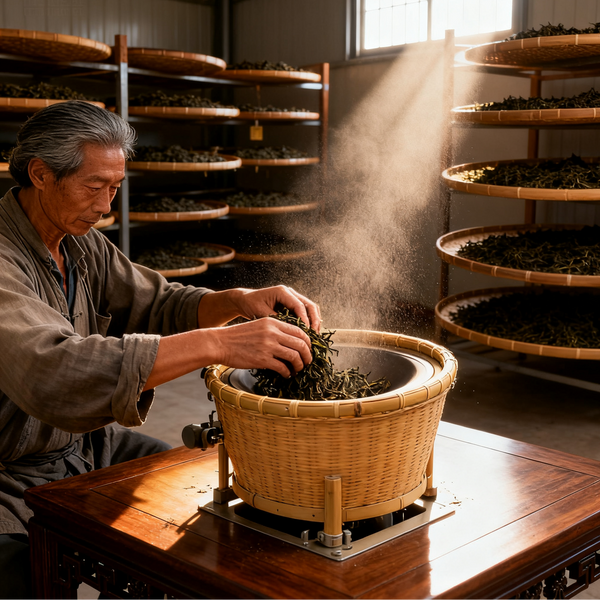 Man sorting freshly harvested tea leaves in a sunlit room with drying baskets in the background