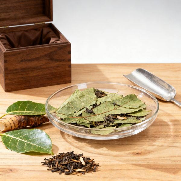 Dried tea leaves and fresh tea leaves in a glass bowl with a wooden box and tea scoop