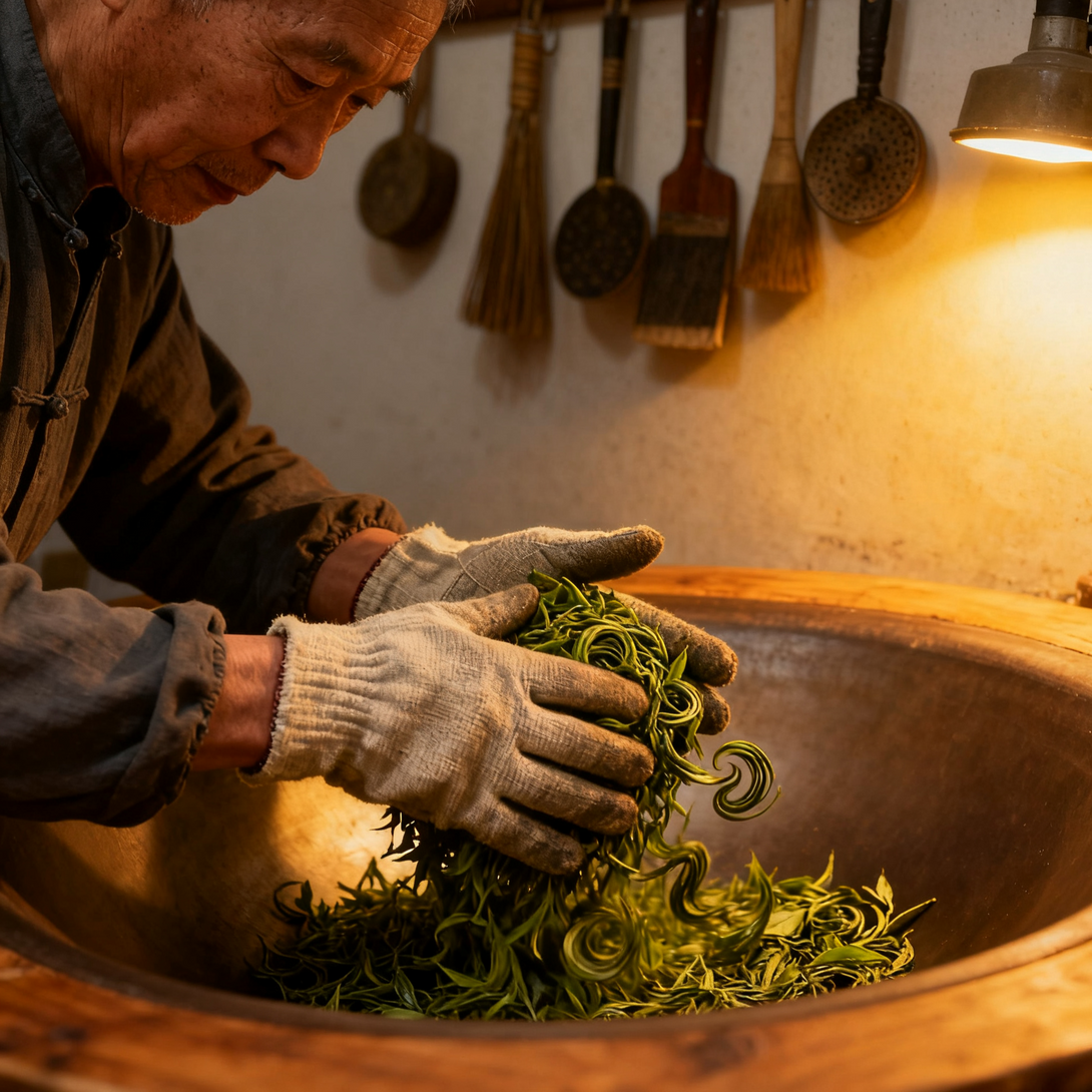 Man sorting green tea leaves in a large wooden bowl, with kitchen utensils hanging on the wall
