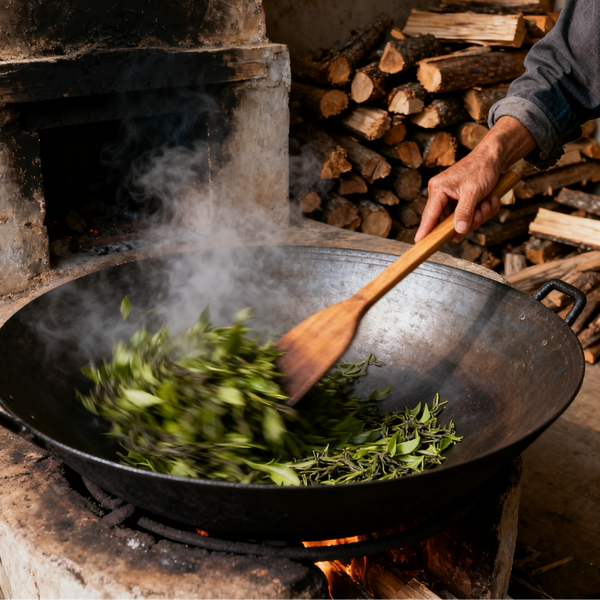 Man stir-frying fresh tea leaves in a large wok over a wood-fired stove