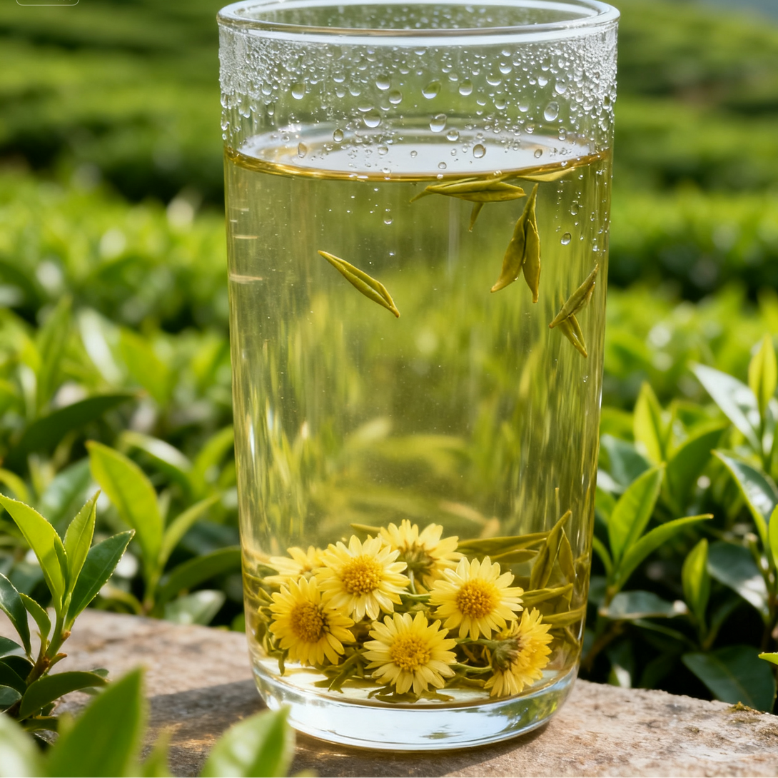 Fresh chrysanthemum and green tea infusion in glass cup with tea plantation background