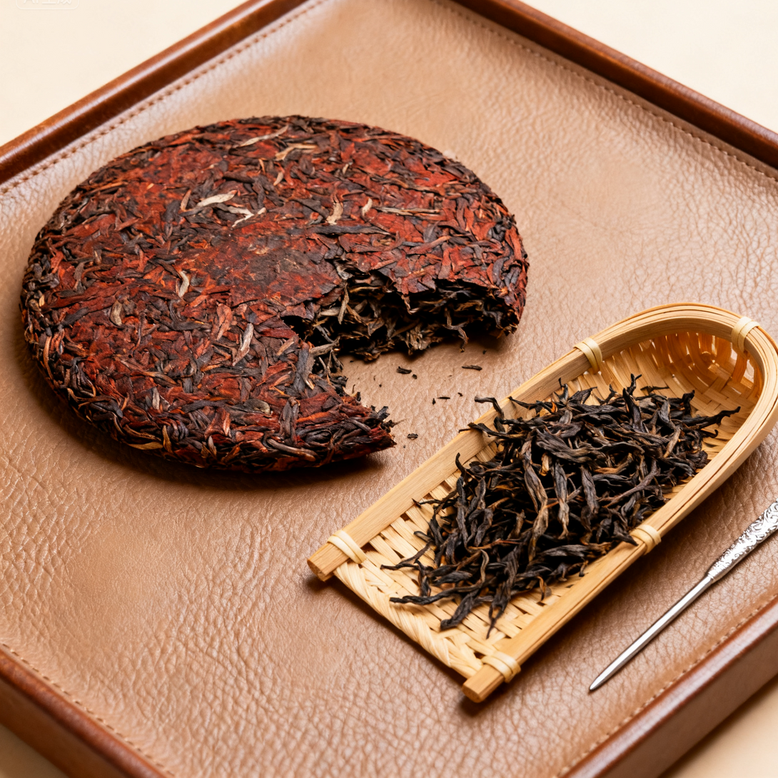 Compressed tea cake with a broken edge, loose tea leaves on a bamboo scoop, and a tea needle on a leather tray