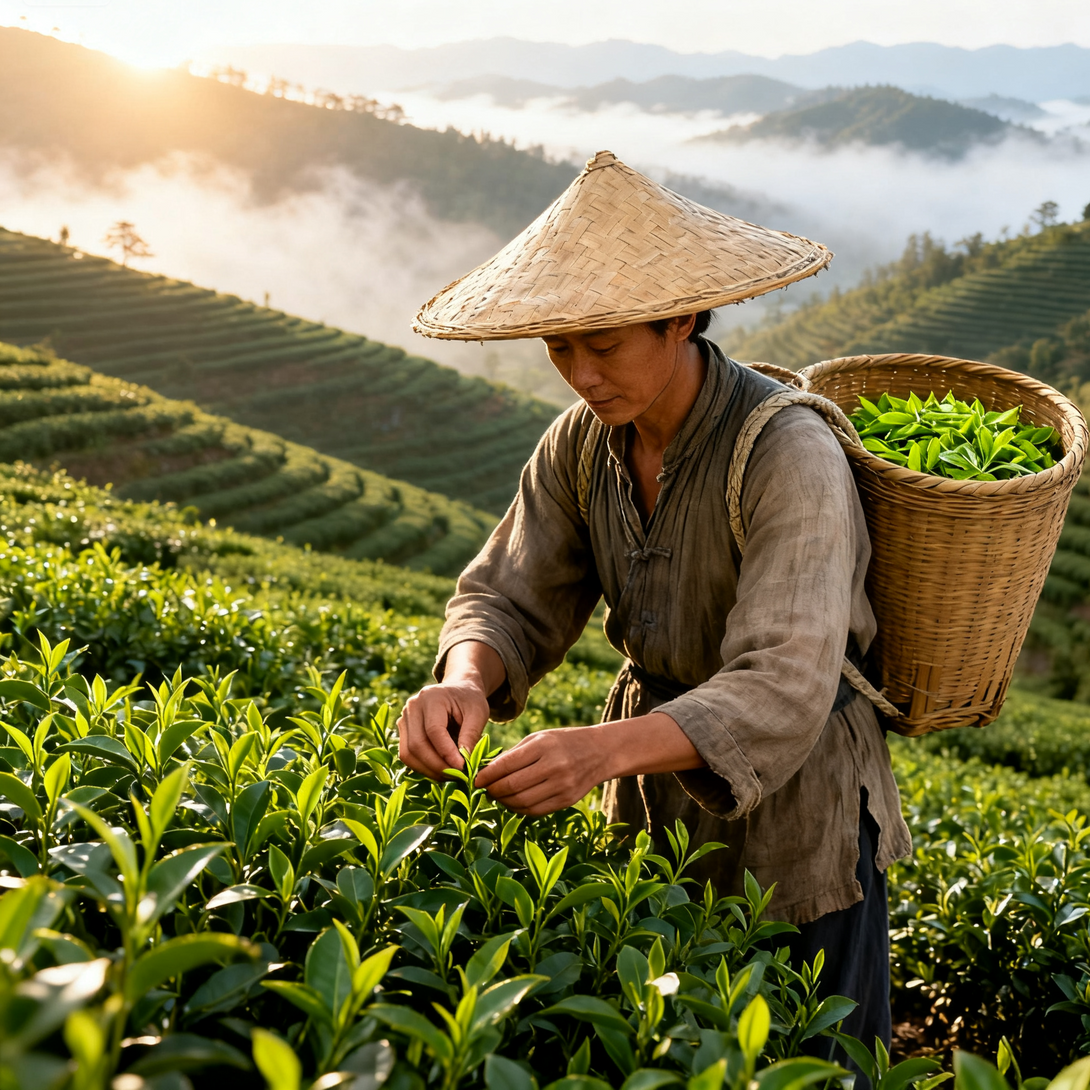 Traditional tea farmer hand-picking fresh green tea leaves in a lush mountain tea plantation with misty hills in the background