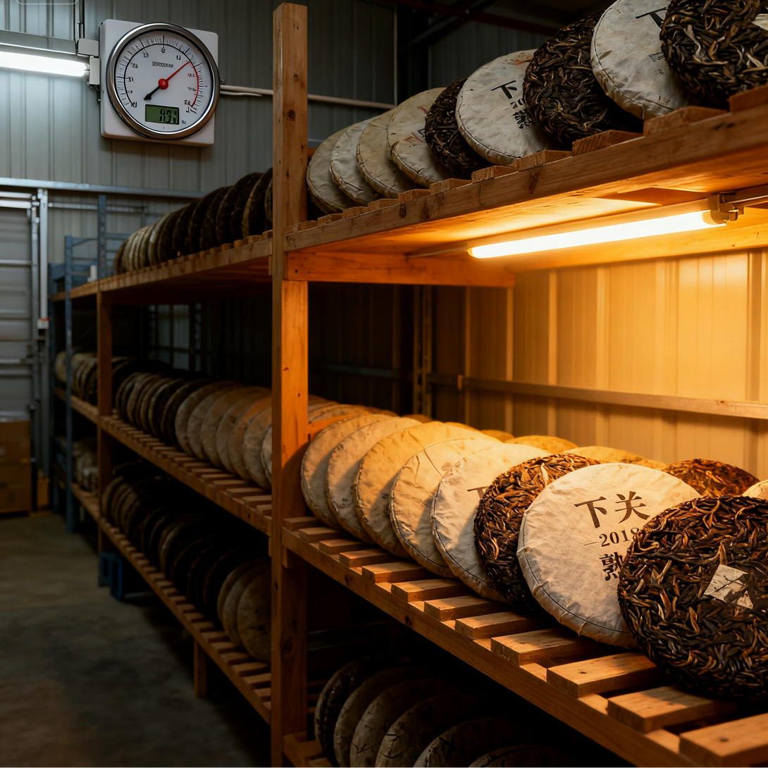 Storage shelves with stacked Pu-erh tea cakes labeled 'Xiaguan' in a warehouse with hygrometer