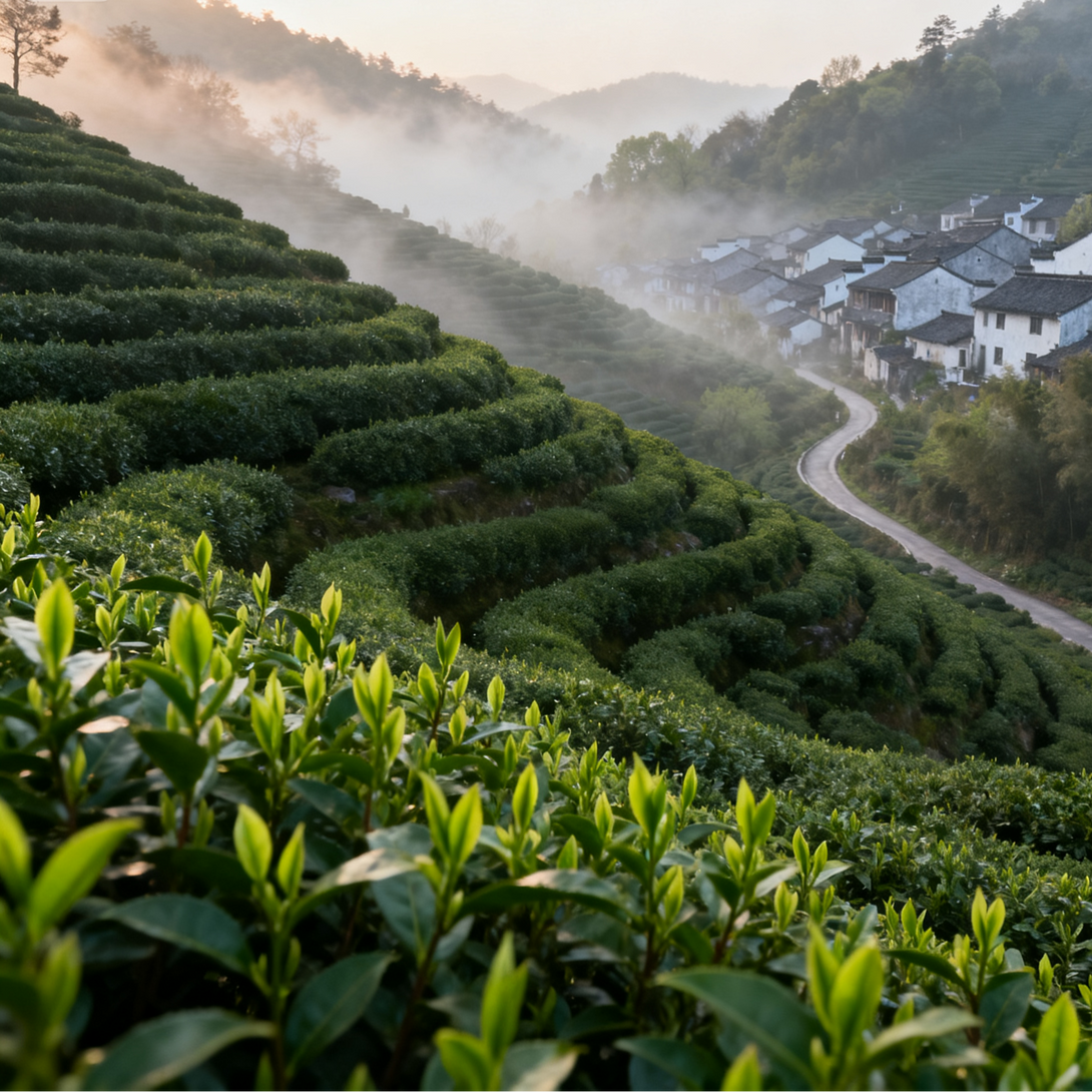 A scenic view of tea fields with a winding road and traditional white houses in the background, under a misty sky.