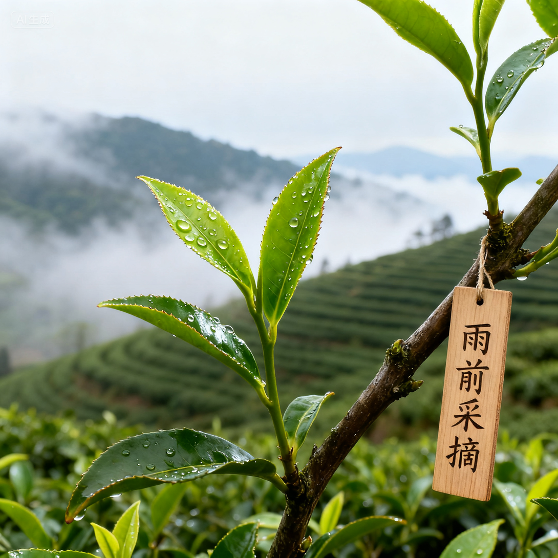 Misty tea plantation with fresh green tea leaves marked Pre-rain harvest