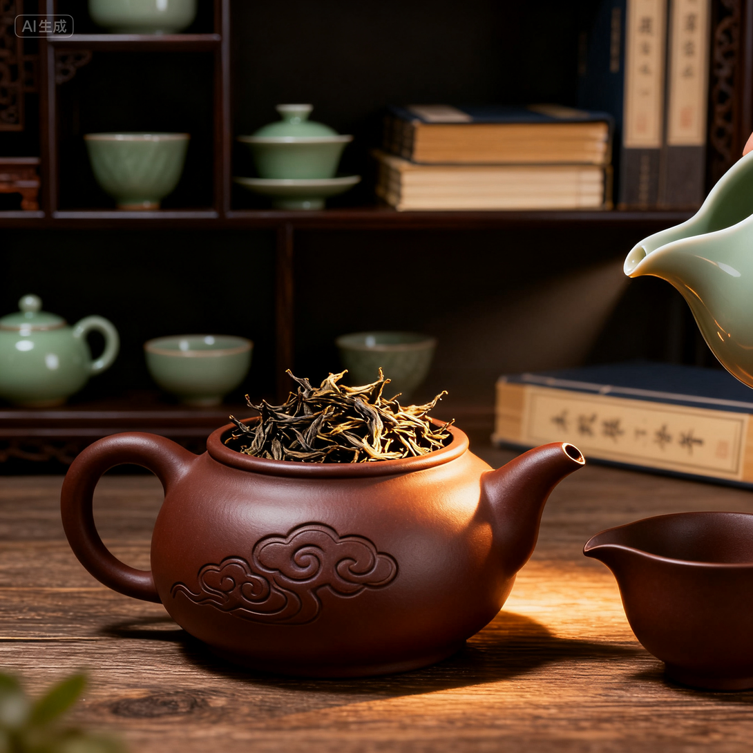 1998 aged shu Pu-erh tea ready for brewing in traditional Yixing teapot