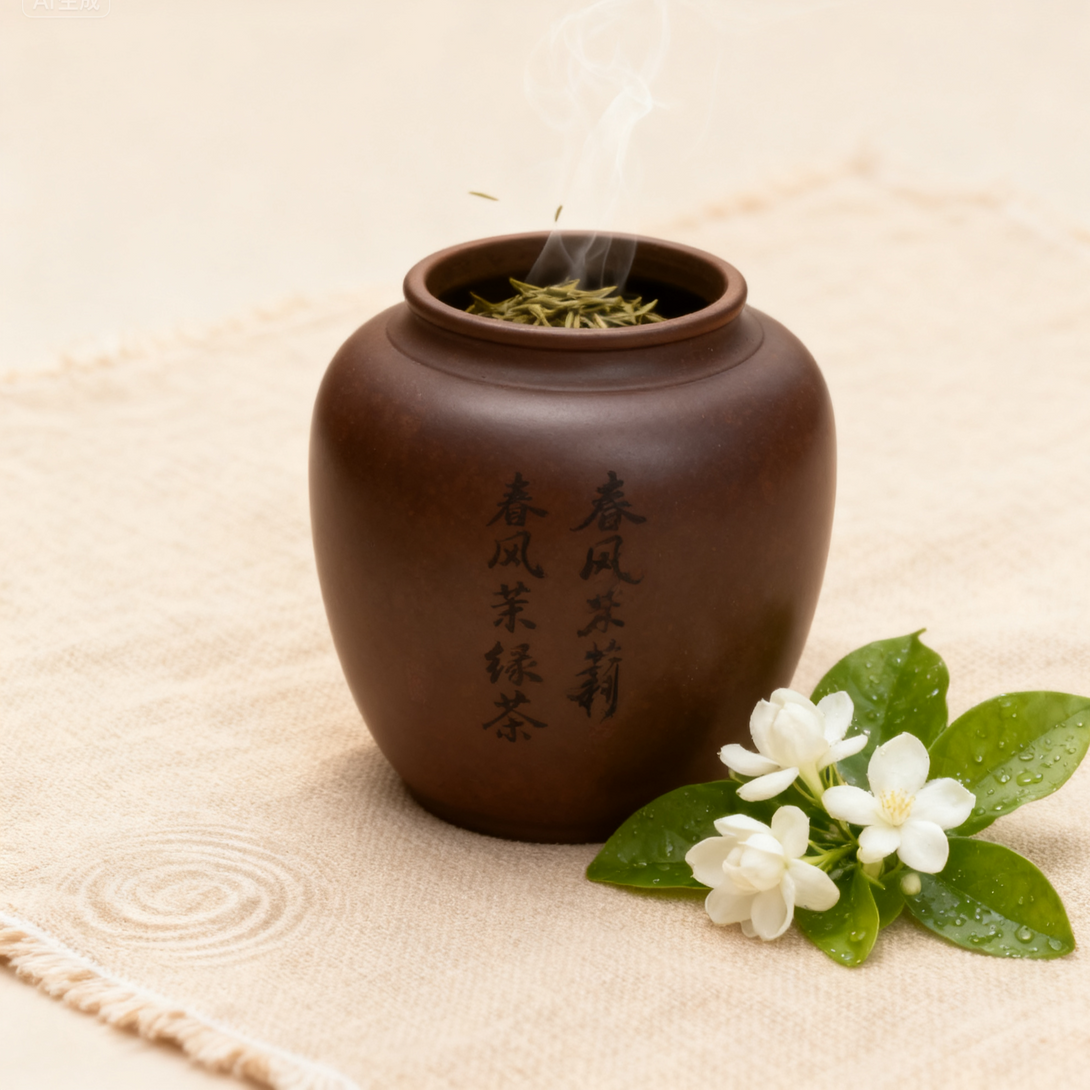 Chinese ceramic tea jar with loose jasmine green tea and fresh jasmine flowers on beige cloth background.