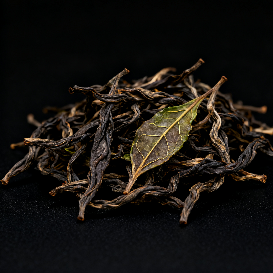 A close-up of dried tea leaves arranged with a single green leaf, placed on a black background.