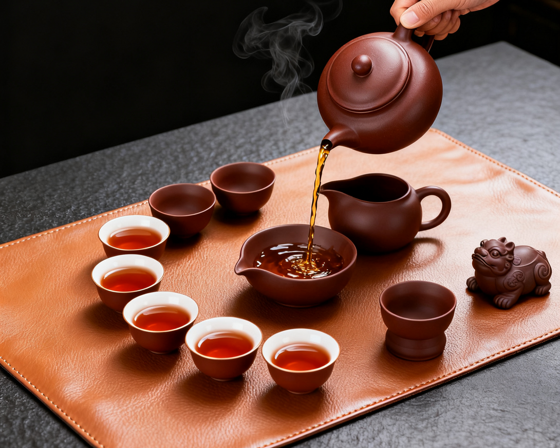 A traditional Chinese tea ceremony setup with a teapot pouring tea into a tea cup, accompanied by tea cups on a leather mat and a decorative teapot figurine.