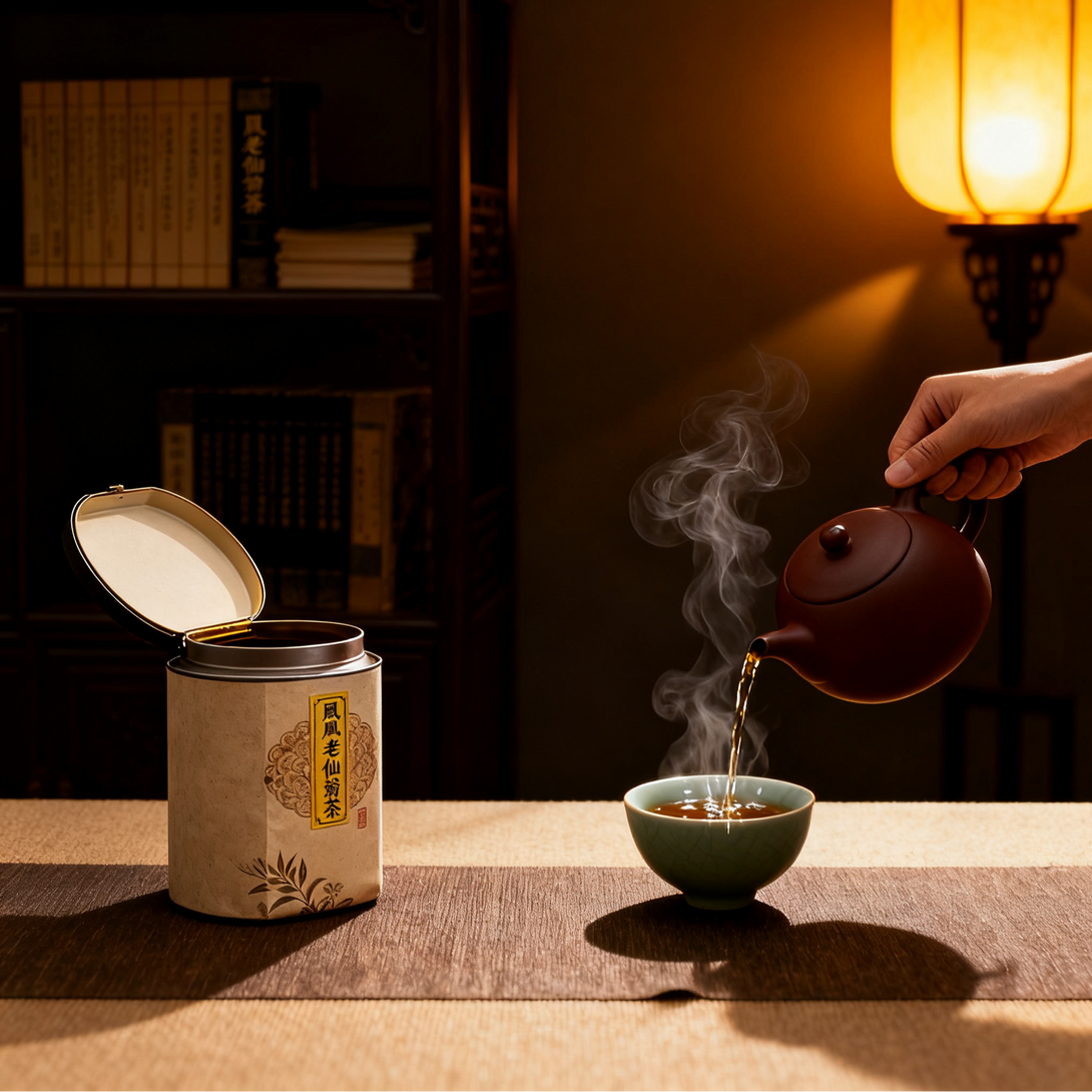 Hand pouring tea from a teapot into a cup with a tea canister in the background