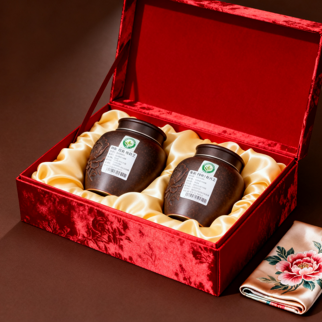 Two elegant dark brown tea canisters in a luxurious red velvet gift box, lined with a floral cloth