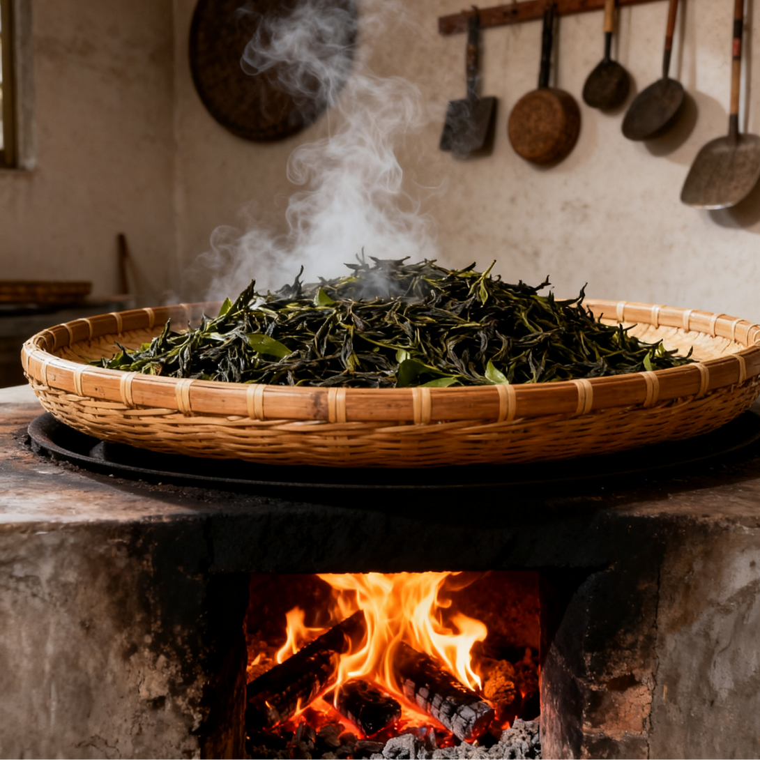 Freshly processed tea leaves drying in a traditional basket over a wood-fired stove, with smoke rising.