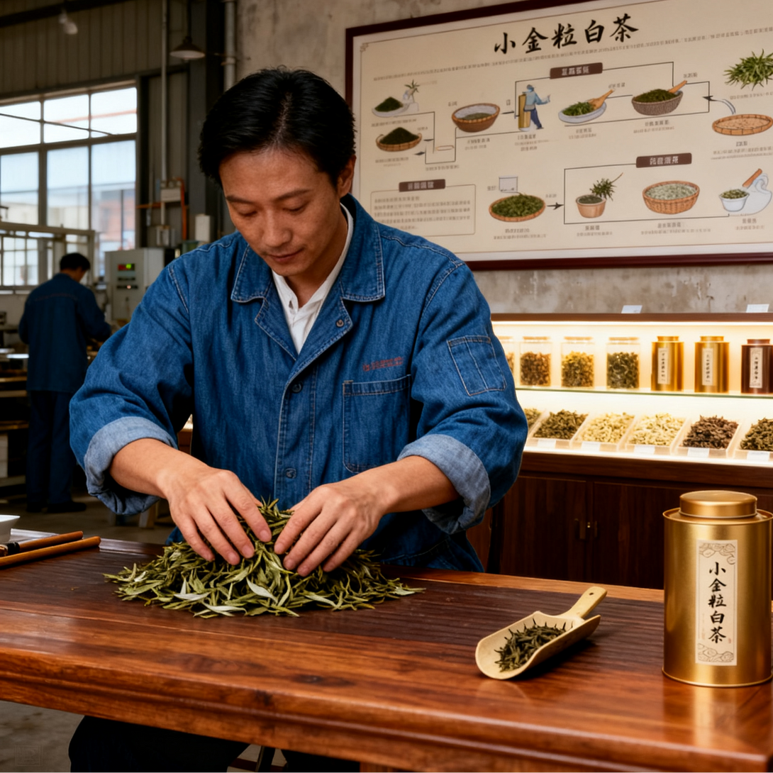 Tea master sorting freshly picked tea leaves by hand on a wooden table, golden tea canister beside him, with tea displays in the background.