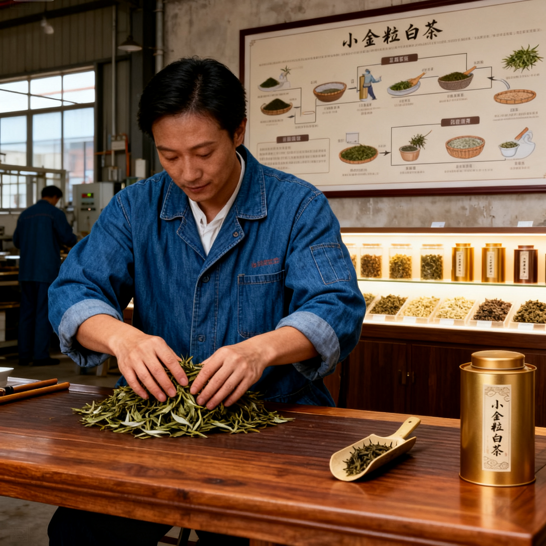 Tea master sorting fresh tea leaves on wooden table in tea factory with golden tea canister and display of tea samples.