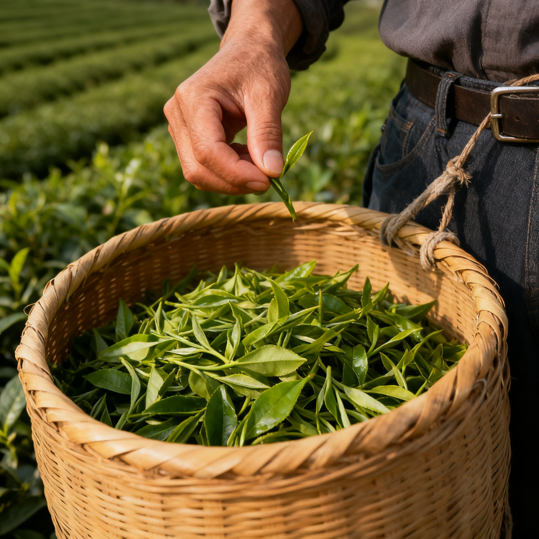 Man picking fresh tea leaves from a tea bush and placing them into a woven basket