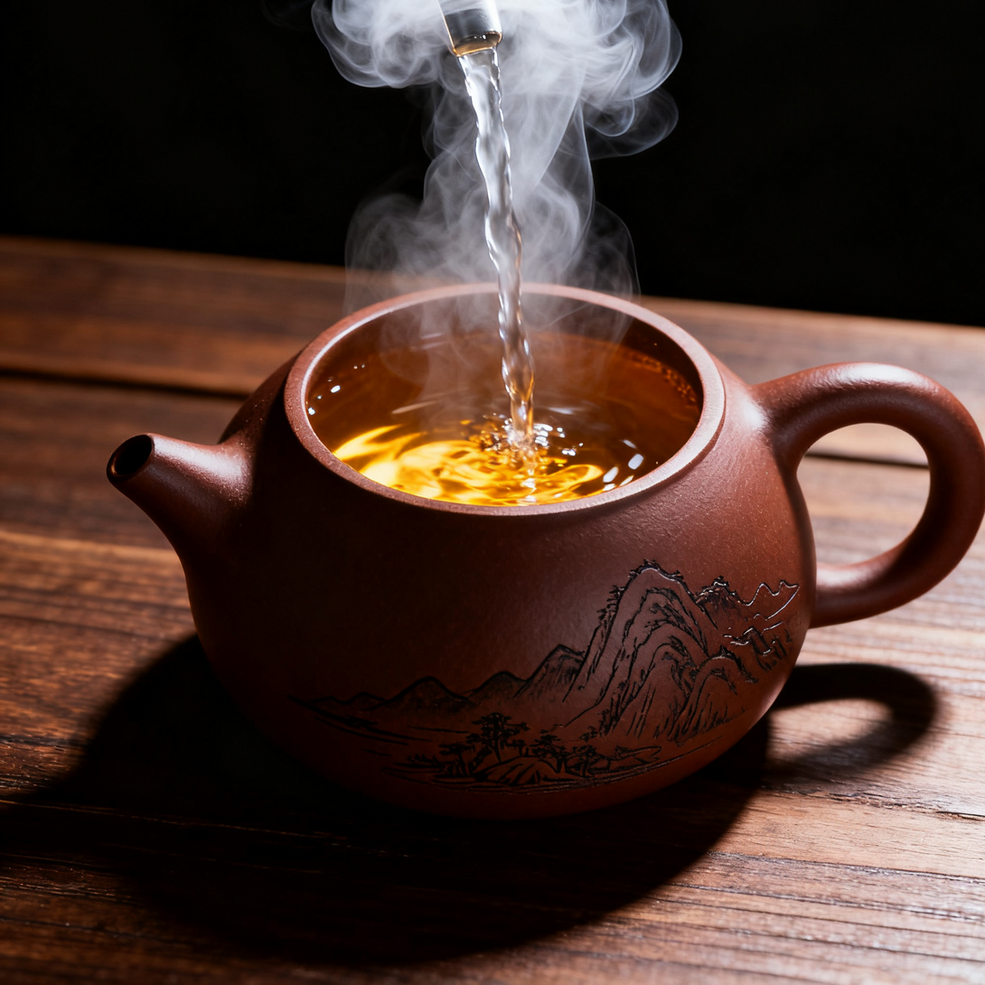 Hot water being poured into a teapot with tea leaves, steam rising from the tea