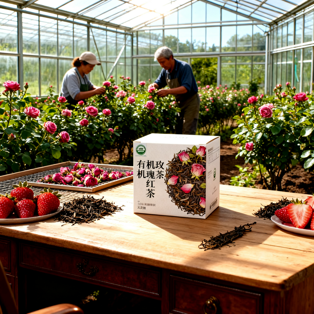 Workers harvesting roses in a tea garden with a box of organic rose tea and fresh strawberries on a wooden table