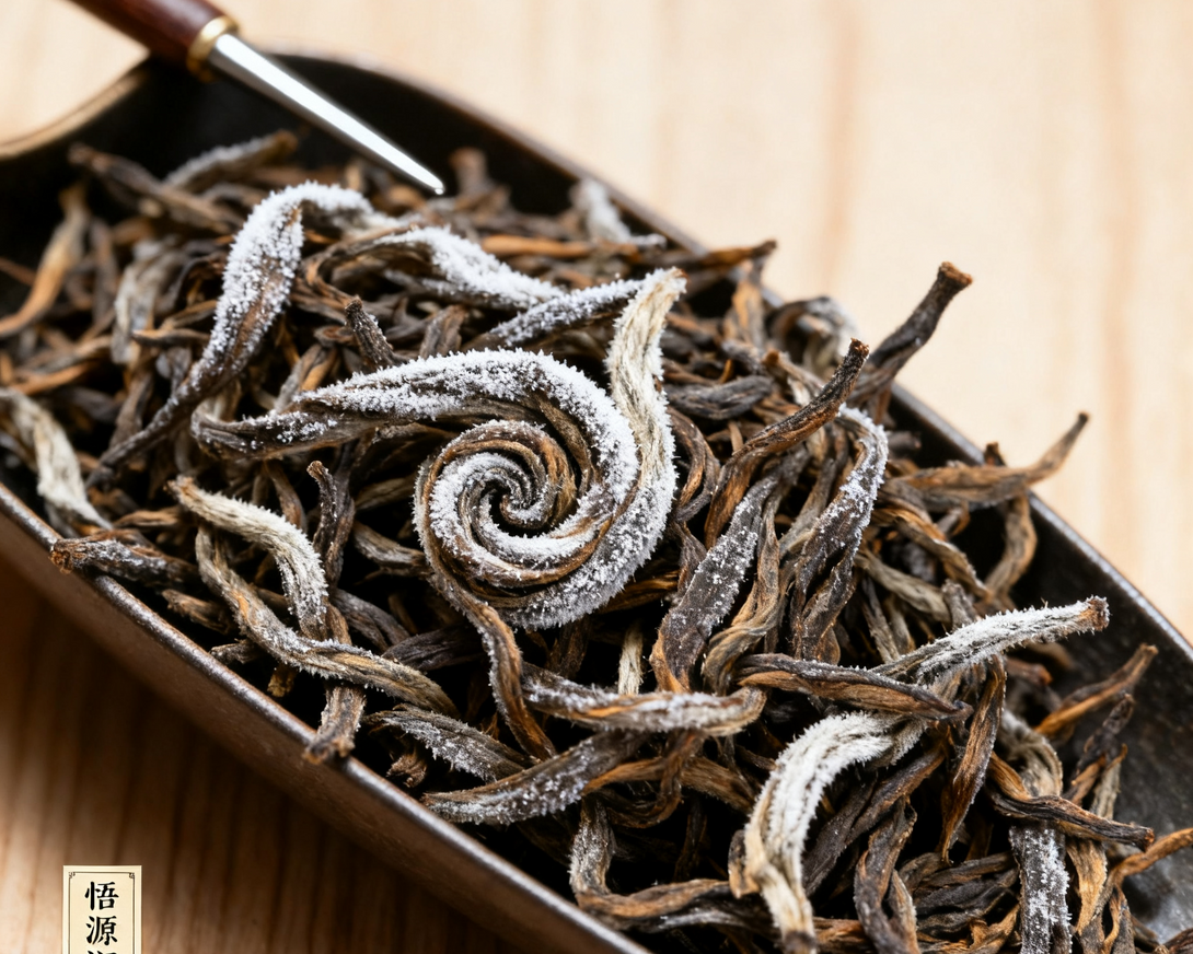 Dried tea leaves in a black container with a wooden spoon on a light wood background