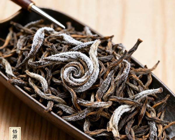 Dried tea leaves in a black container with a wooden spoon on a light wood background