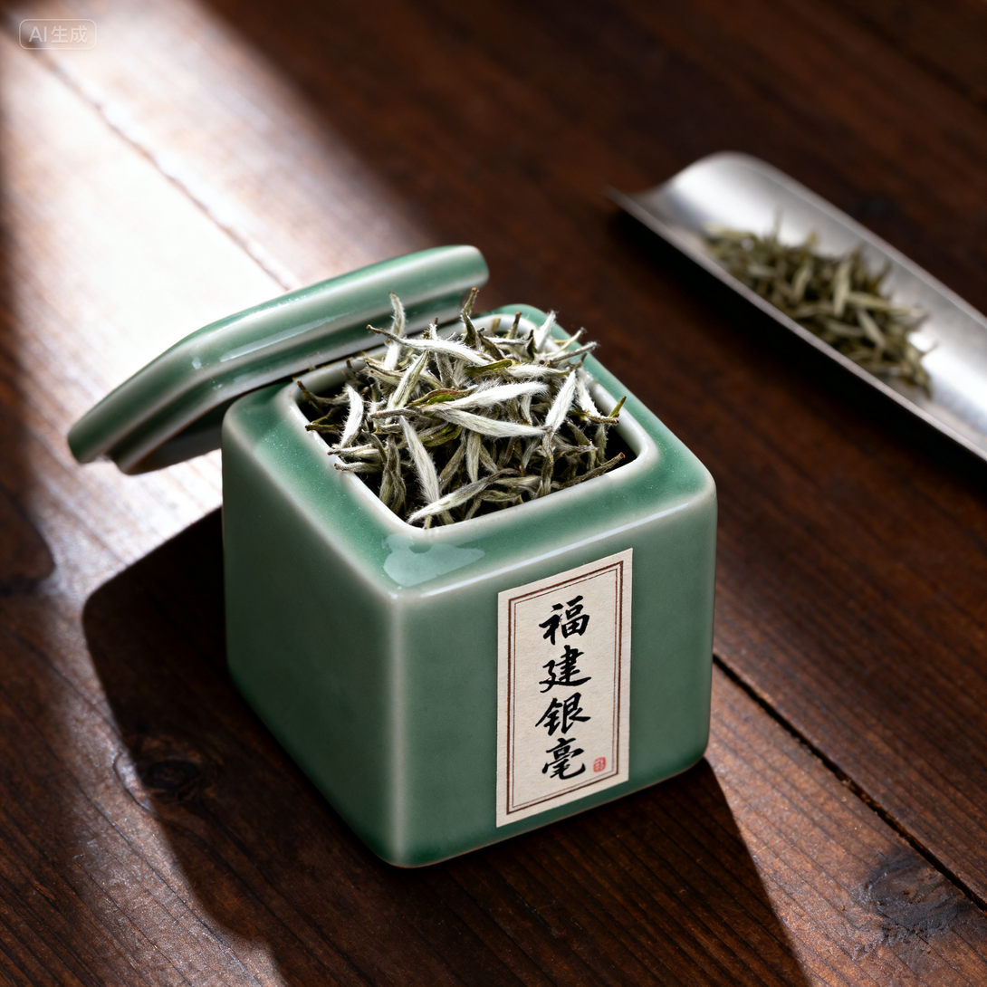 Green porcelain tea caddy containing Fuding white silver needle loose leaf tea with a metal tea scoop on wooden surface