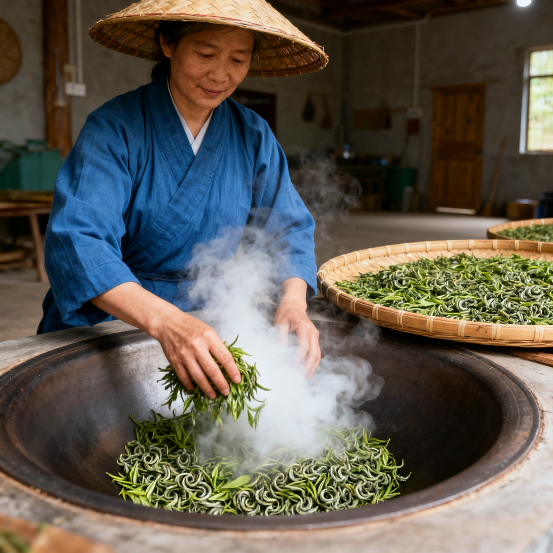 Tender, curled Bi Luo Chun Green Tea buds with silvery fuzz
