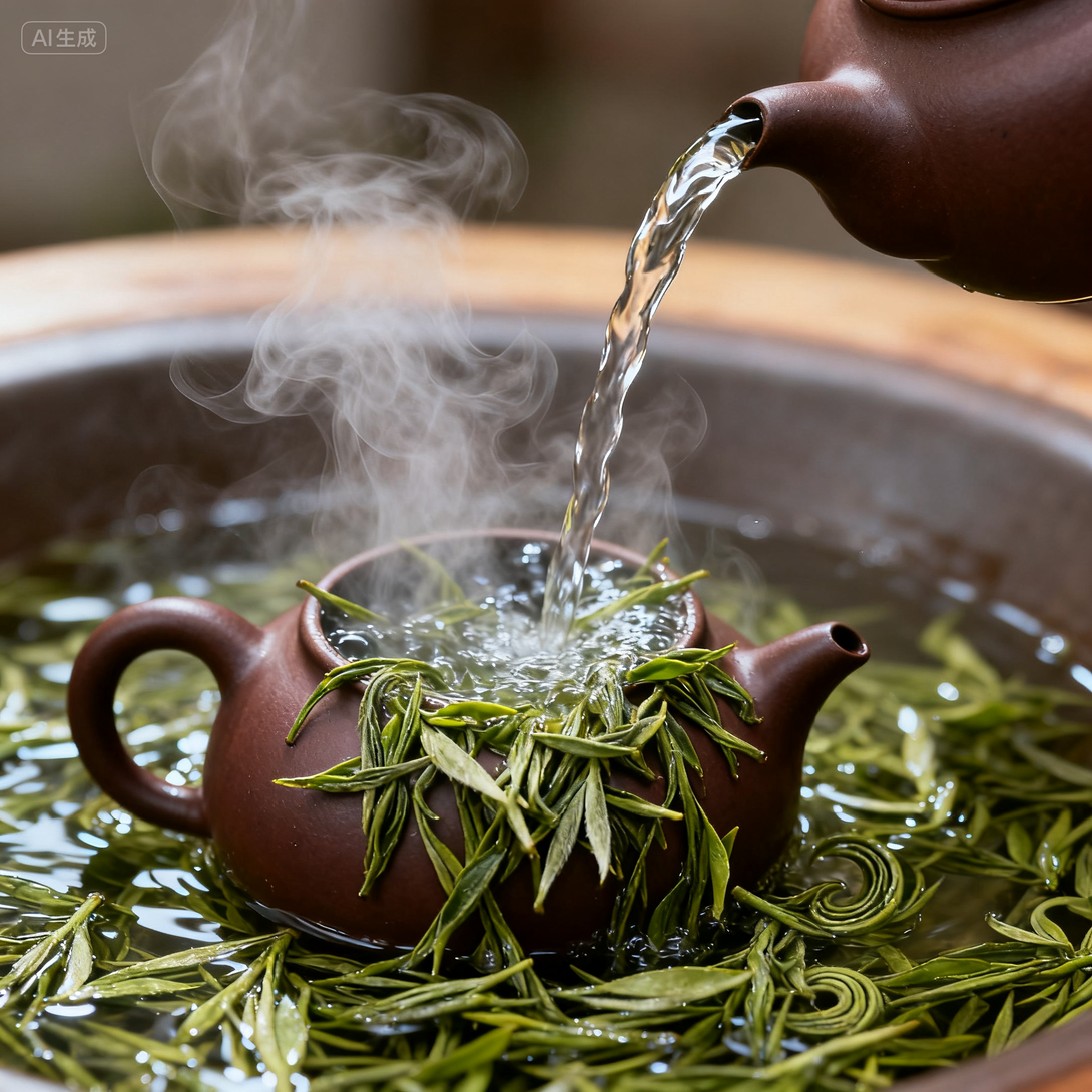 Tea leaves being poured into a teapot with steam rising, on a wooden surface