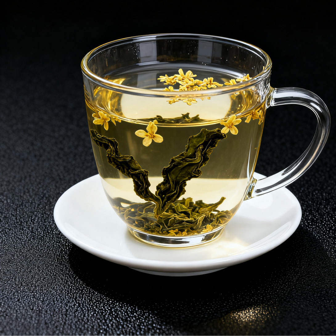 Glass teacup filled with Chinese floral tea, featuring yellow blossoms and tea leaves, served on a white saucer against a black background