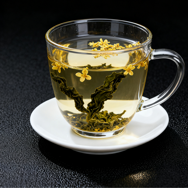Glass teacup filled with Chinese floral tea, featuring yellow blossoms and tea leaves, served on a white saucer against a black background