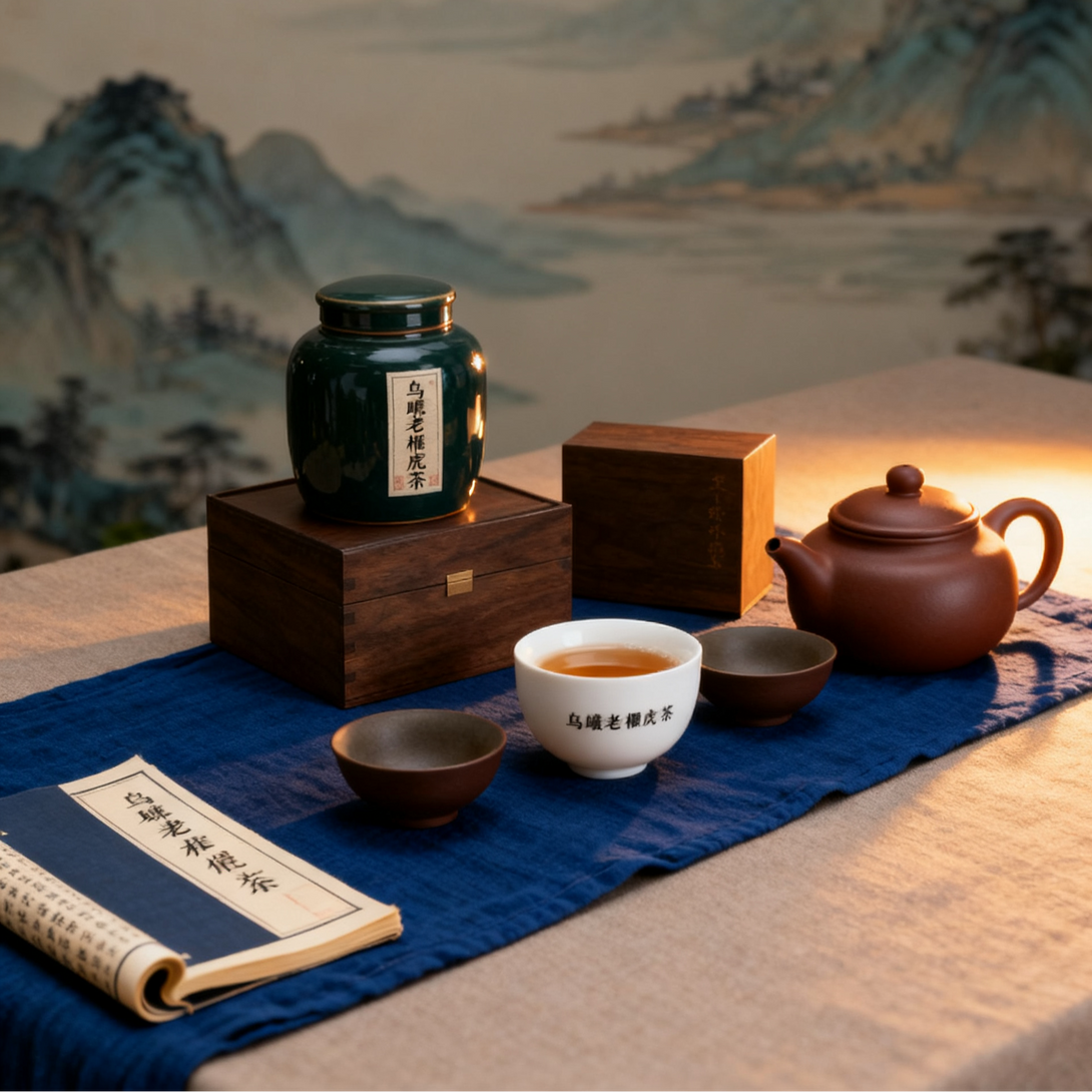 Traditional Chinese tea set with tea canister, teapot, and teacups on a blue tablecloth with a scenic background
