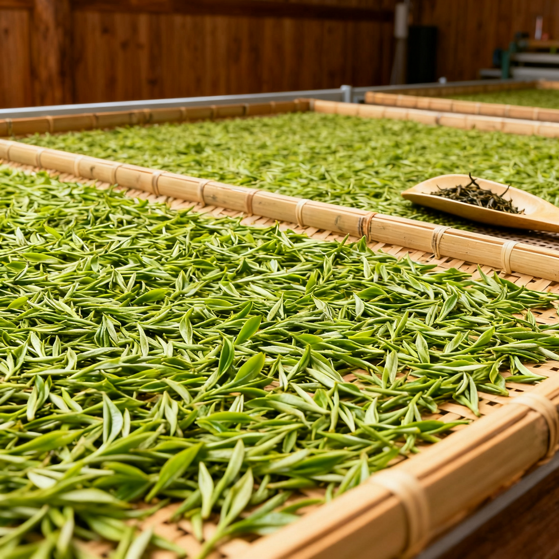 Freshly picked tea leaves drying on a bamboo tray in a tea processing facility