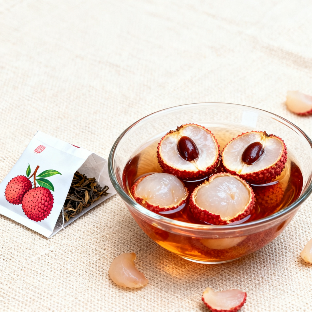 Imperial Lychee Black Tea packaging and serving