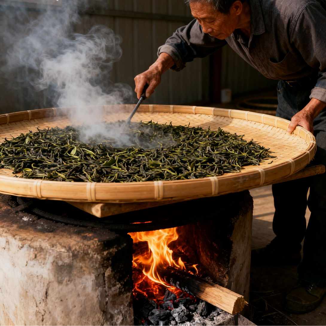 Man processing green tea leaves on a large bamboo tray over a fire