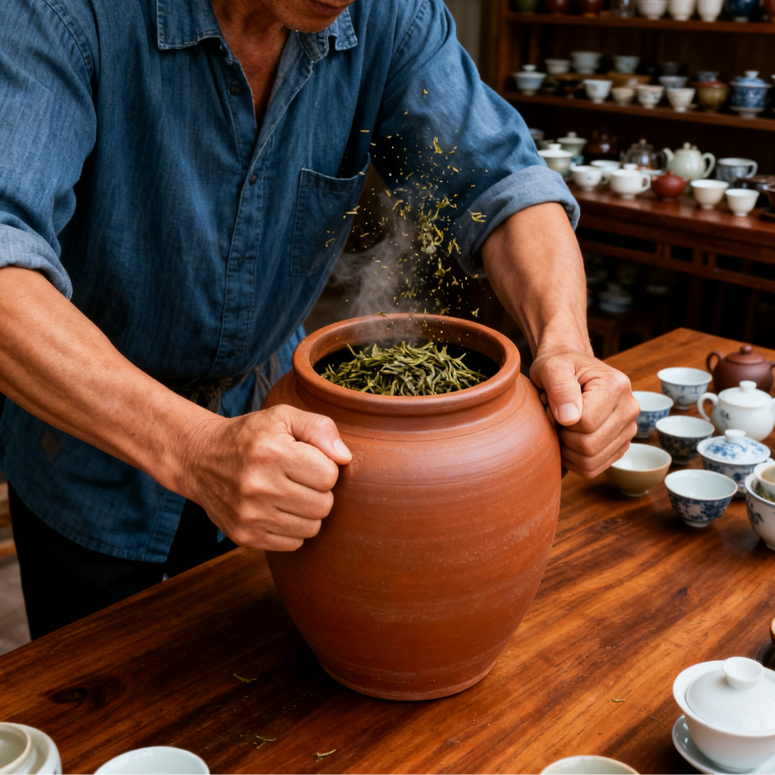 Man transferring freshly harvested tea leaves into a large clay pot with tea cups in the background