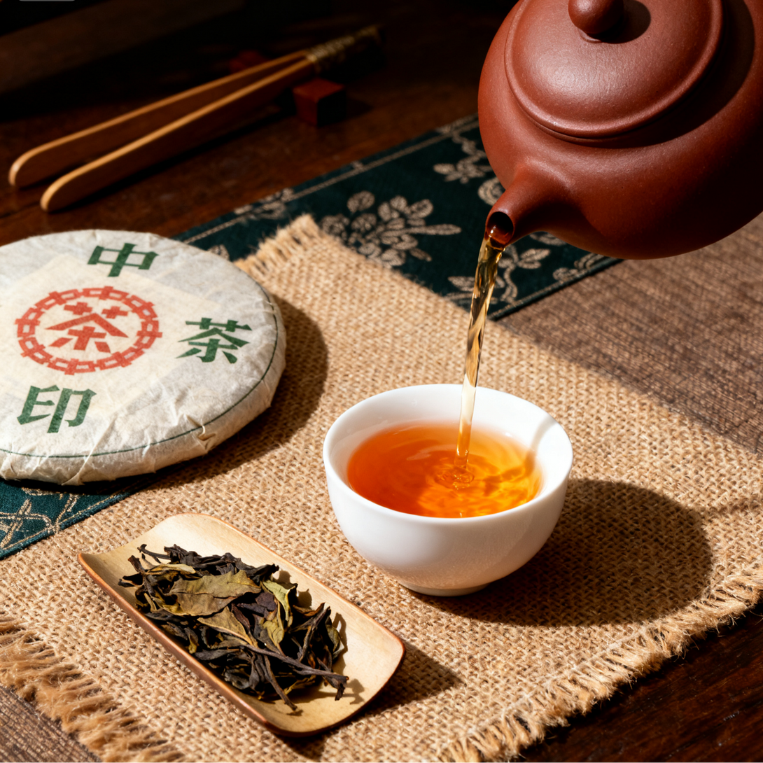 Brewing Pu-erh tea with Yixing teapot, served with pressed tea cake and loose tea leaves