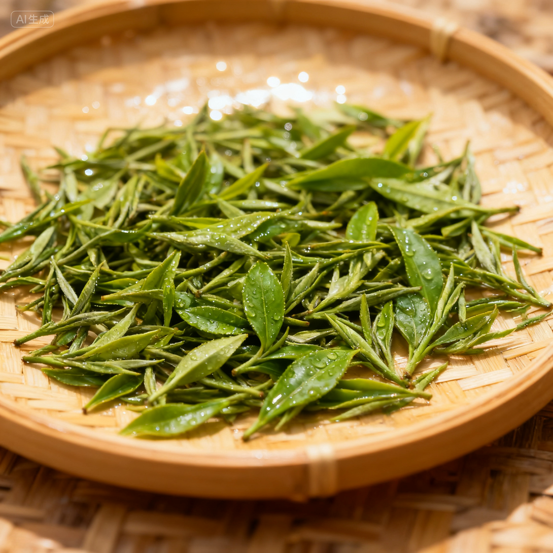 Fresh green tea leaves on a bamboo tray with water droplets