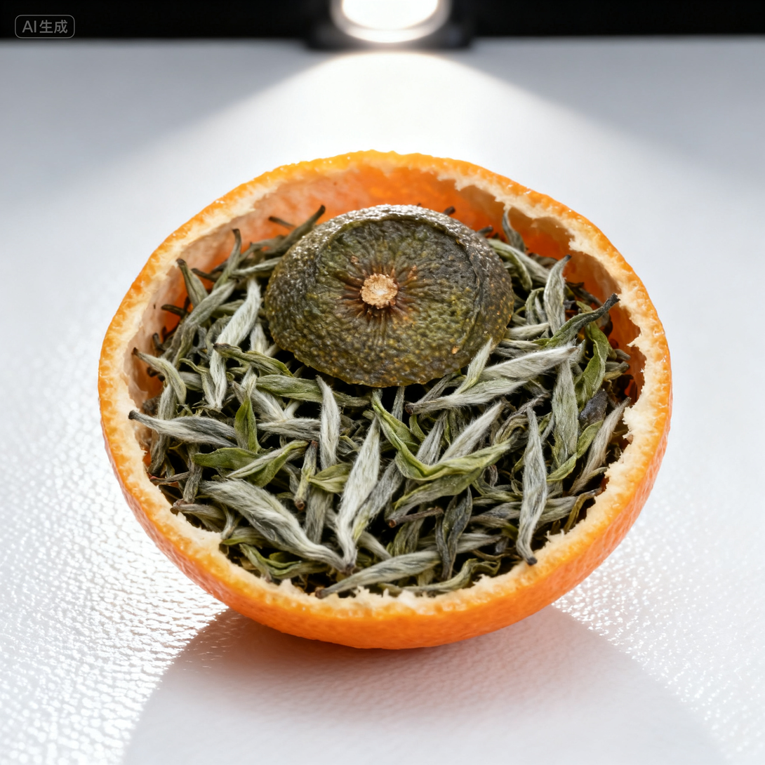Chinese chenpi tea with citrus peel stuffed with white-haired green tea leaves