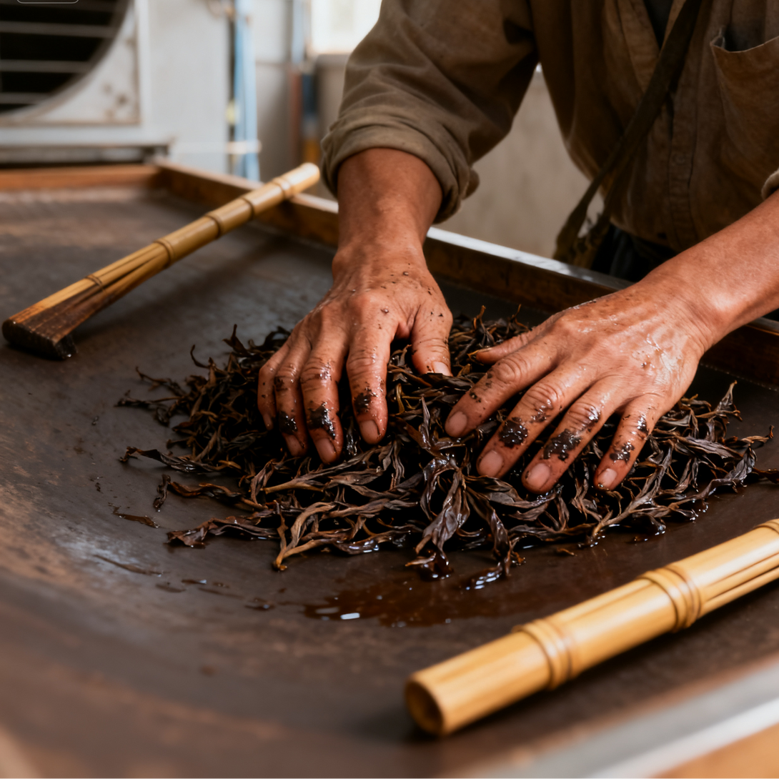 Tea master hand rolling freshly processed tea leaves in a large metal pan, with bamboo sticks visible in the background.