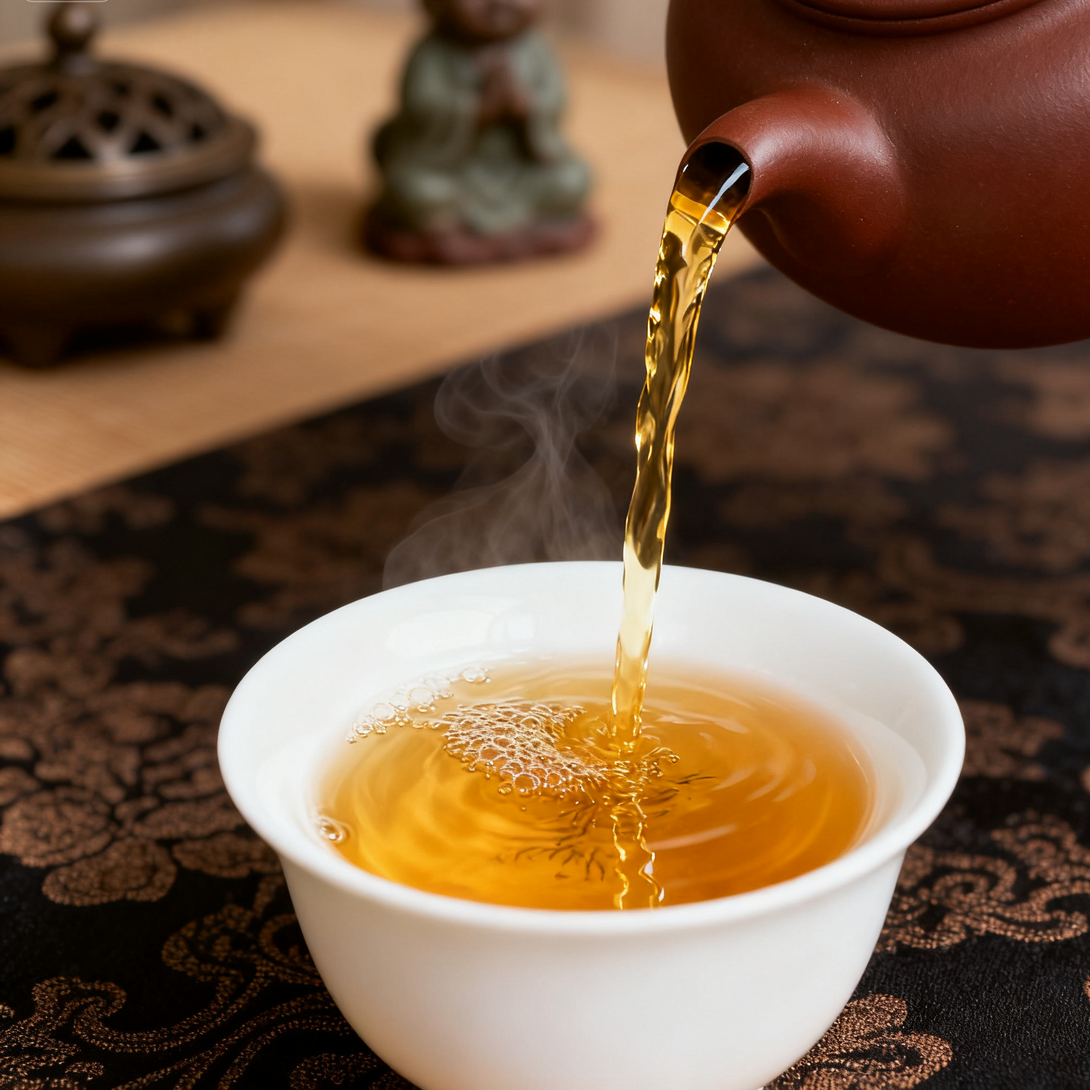 Tea being poured from a teapot into a white teacup, with steam rising, set against a decorative tablecloth with intricate patterns.