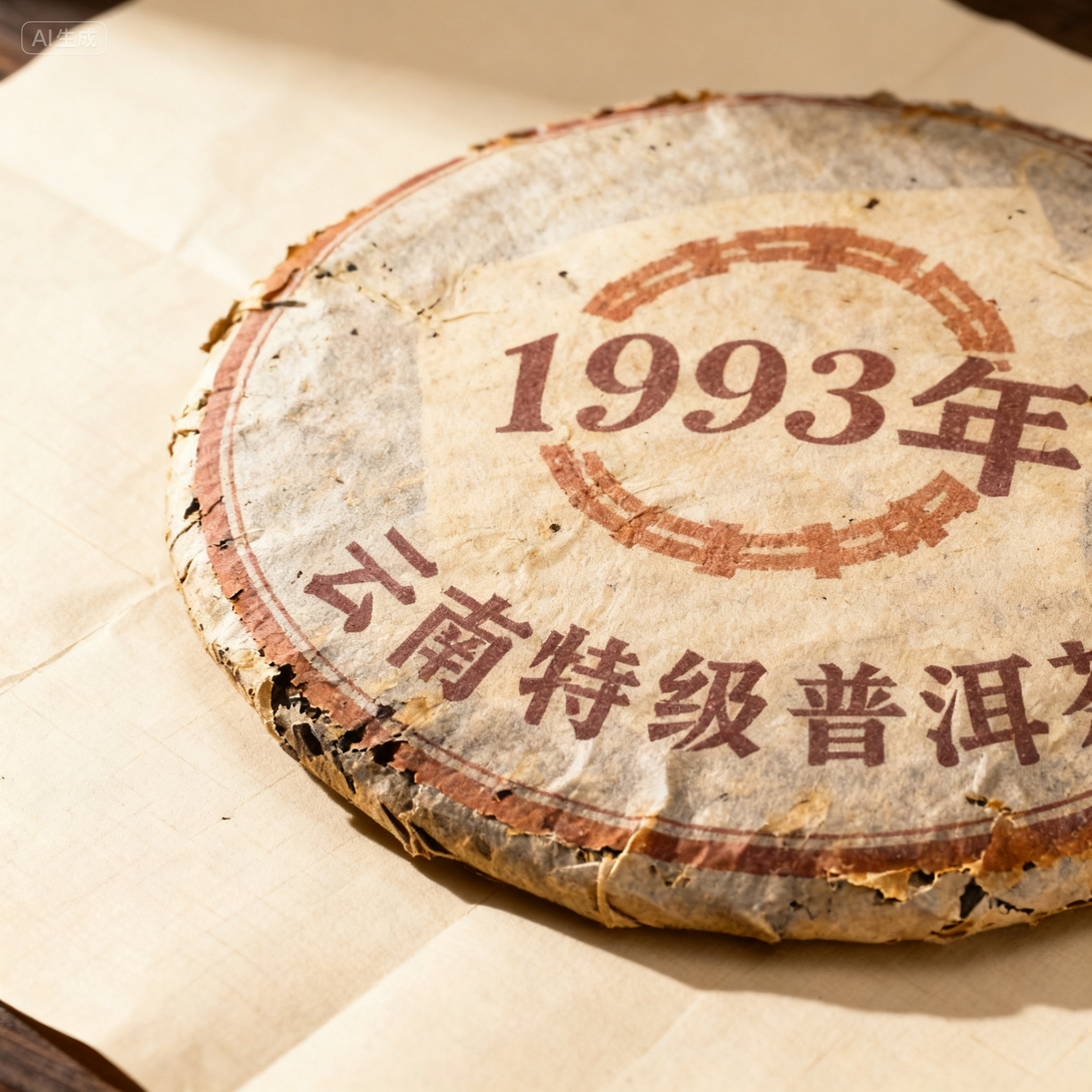 Vintage 1993 Pu-erh tea cake with aged paper wrapping, Yunnan special grade