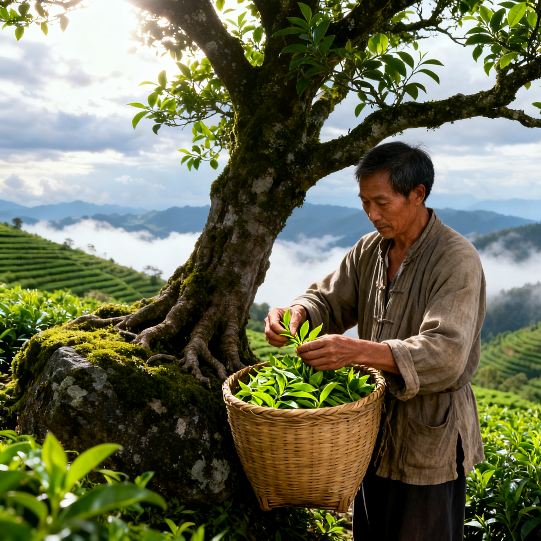 Man harvesting fresh tea leaves under a tree on a tea plantation with misty mountains in the background