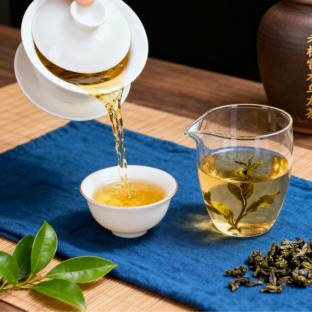Tea being poured from a teapot into a white tea cup with loose tea leaves and a glass teapot on a blue cloth